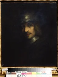 ""Portrett av en mann med hjelm"" (Portrett av en mann med hjelm) Maleri av Ferdinand Bol (1616-1680) Statens kunstmuseum fra 1600-tallet, Tula, Russland