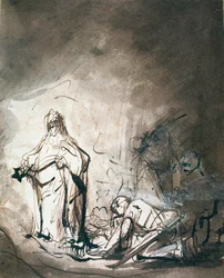 Saul and the Witch of Endor (penn- og blekkvask på papir)
