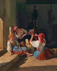 Barn som dekorerer en vernepliktig hatt, 1854