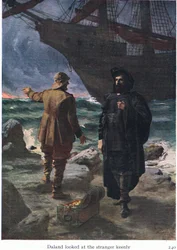 Daland så skarpt på den fremmede, illustrasjon fra puben The Stories of Wagners Operas. av George Harrap & Co Ltd 1932