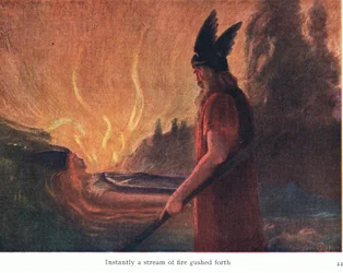 Umiddelbart fosset en strøm av ild frem, illustrasjon fra puben The Stories of Wagners Operas. av George Harrap & Co Ltd 1932