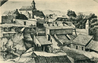 Steinbrudd i Alt-Matzleinsdorf, med sognekirken St Florian i Wien, 1814-1815, 1943.