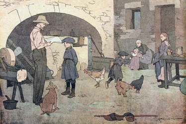 Hjemme igjen, i barndommens bildebok, ca. 1900 (gravering)