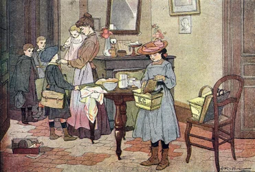 Avreise til skolen, i barndommens bildebok, ca. 1900 (gravering)
