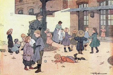 Runde og spill i rekreasjonsgården, i Imagier de l'enfance, ca. 1900 (gravering)
