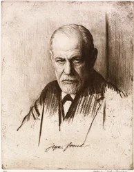 Portrett av Sigmund Freud (1856-1939). Verk av Ferdinand Schmutzer (1870-1928), gravering