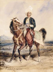 En arabisk kriger til hest i et landskap,