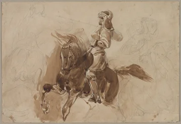 Panserfigur på hesteryggen recto, hest foran en låve verso, ca. 1828.