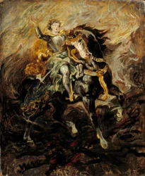 Clorinde griper inn for å redde Olinde og Sophronia Illustrasjon av en scene av Torquato Tassos "La Jerusalem delivree" (La gerusalemme liberata). Maleri av Eugene Delacroix (1798-1863) 1800-tallets søn. 0,61x0,5 m