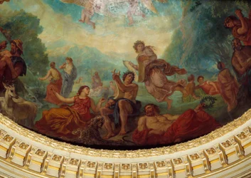 Nedstigning til Limbes: "" Orphee, Sapho (Sappho) til venstre og en muse"" Detalj av maleriet av Eugene Delacroix (1798-1863) som dekorerer kuppelen til senatets bibliotheque, ca. 1845. Palais du Luxembourg, Paris