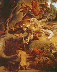 Detalj av villsvinjakten, etter et maleri av Rubens, ca. 1840-50 (se 203232)