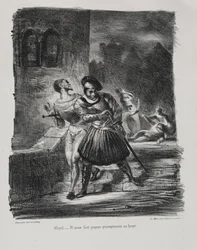 Illustrasjoner for Faust: Mephistopheles og Faust flykter etter duellen, 1828.