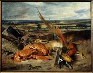 Maleri av stilleben med hummer og trofeer for jakt og fiske Maleri av Eugene Delacroix (1798-1863) 1827 Søn. 0,80 x 1,06 m Paris. Museet Louvre