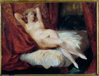 Studie av naken kvinne liggende på en sofa, kalt Kvinnen med hvite strømper. Maleri av Eugène Delacroix (1798-1863)