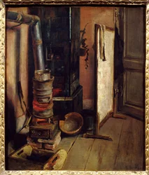 Verkstedshjørne, malerovnen av Eugene Delacroix (1798-1863). 1800-tallets søn. 0,51 x 0,44 m. Paris. Museet Louvre