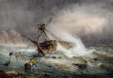 Brigantine strandet, fargelitografi av Ferdinand Perrot