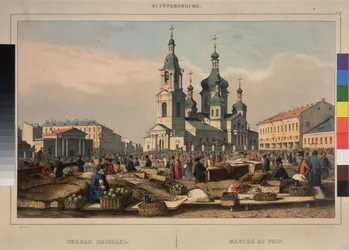 Hay Market og Cathedral of the Assumption of the Mother of God, i St. Petersburg. Verk av Ferdinand Victor Perrot (1808-1841), litografi og akvarell på papir