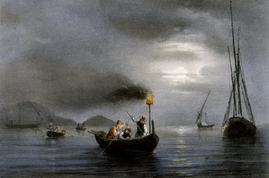 Nattfiske med fiskelampe, farget litografi av Ferdinand Perrot (1808-1841)