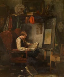 Ung artist i et studio (olje på panel)