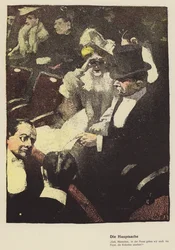 Kvinne ser gjennom et par operabriller på teatret (farge litho)