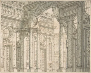 Design av et perspektiv for et scenesett med gårdsplass og triumfbue, ca. 1675-1743.