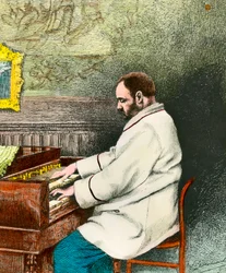 Portrett av Emile Zola (1840-1902) som spiller orgel. Gravering av Desmoulin (1800-tallet). Coll. Kom deg ut.