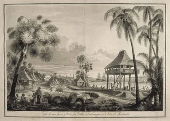 MALASPINA, Alejandro (1754–1809). Italiensk-spansk sjøfarer og oppdagelsesreisende.; BRAMBILA, Fernando (1763–1834). Maler. Malaspina-ekspedisjonen. Filippinene (1792). Landsbyen Zamboanga. Tegning av Fernando Brambila. Tegning. SPANIA. MADRID (AUTONOM SAM