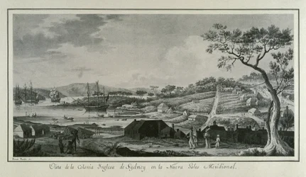 MALASPINA, Alejandro (1754–1809). Italiensk-spansk sjøfarer og oppdagelsesreisende.; BRAMBILA, Fernando (1763–1834). Maler. Australia (1700-tallet). Engelsk koloni New South Wales. Tegning av Fernando Brambila som illustrerer den vitenskapelige ekspedisjon
