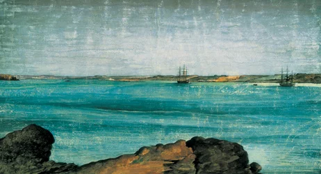 Puerto Deseado, detalj. By og fiskehavn i Patagonia, i provinsen Santa Cruz i Argentina. Tegning Fernando BRAMBILA (1763-1832) Madrid. Sjøfartsmuseum.