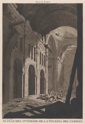 Utsikt over ruinene av det indre av kirken Nuestra Senora del Carmen i Saragos..., 1808-14