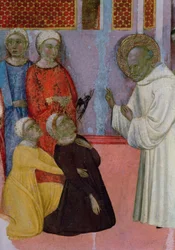 Eksorcisme av en mann besatt av en demon, fra altertavlen til St. Bernard av Clairvaux (olje på panel)