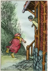 Illustrasjon av Filiberto Scarpelli (1870–1933) til fabelen «Toniotta la stolta» (Toniotta la foolta) fra en samling fabler av brødrene Grimm, «Snøhvit og andre eventyr», omtrent 1920.
