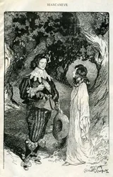 Illustrasjon av Filiberto Scarpelli til eventyret «Snøhvit» fra en samling fabler av brødrene Jakob og Wilhelm Grimm «Snøhvit og andre eventyr»