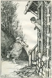 Illustrasjon av Filiberto Scarpelli til eventyret «Toinette Idioten ()» fra en samling fabler av brødrene Jakob og Wilhelm Grimm «Snøhvit og andre eventyr»