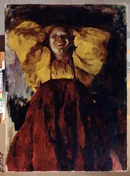 Kvinne i gult. Portrett av en glad kvinne, iført en tradisjonell kjole, holder hendene bak hodet. Maleri av Filipp Andreevich Maliavin (Maliavine) (eller Andreyevich Malyavin) (1869-1940), olje på lerret