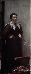 Portrett av kunstneren Anna Ostroumova Lebedeva (Ostroumova-Lebedeva) (1871-1955) (Portrett av kunstneren A. Ostroumova). Representert bak maleutstyret hennes, med kikkert på nesen og et annet par i hånden. Maleri av Filipp And