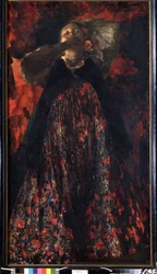 En jente (En jente). En bondekvinne i tradisjonell drakt. Maleri av Filipp Andreevich Maliavin (Maliavine) (eller Andreyevich Malyavin) (1869-1940), olje på lerret