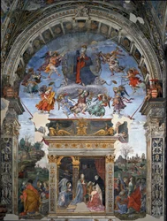 Jomfruens himmelfart og nedenfor St. Thomas Aquinas som presenterer til Maria kardinal Oliviero Carafa Fresco av filippinske Lippi (1457-1504) 1488-1492 Roma, kirken Santa Maria sopra Minerva, kapell Carafa Italia