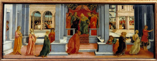Esther valgt av kong Assuerus Esther, kusine og adoptivdatter til Judeen Mardochee (eller Mordekhai eller Mordecai) er valgt av kong Assuerus (Xerxes I) som dronning av Persia på grunn av hennes skjønnhet i Susa. Maleri av filippinske Lippi (1457-1504) 148