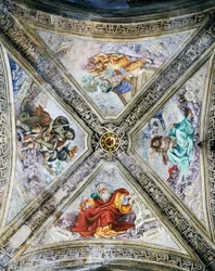 Fresker av Filippino Lippi (1457-1504) på kuppelen, Strozzi-kapellet. Kirken Santa Maria Novella, Firenze, Italia