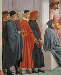 Menn i middelalderdrakt, detalj fra The Raising of the Son of Theophilus, av Tommaso Masaccio, fresco
