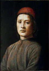 Portrett av en ung mann med en rød hatt Maleri av filippinske Lippi (1457-1504) Firenze fra 1400-tallet, Galleria degli Uffizi (Kontorer)