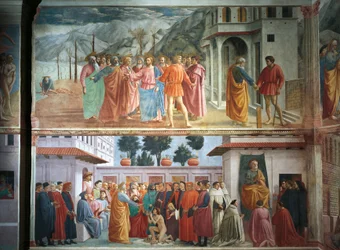 Hyllestpengene, av Tommaso Masaccio, The Raising of the Son of Theophilus and Saint Peter tronende, av Tommaso Masaccio og Filippo Lippi, fresker