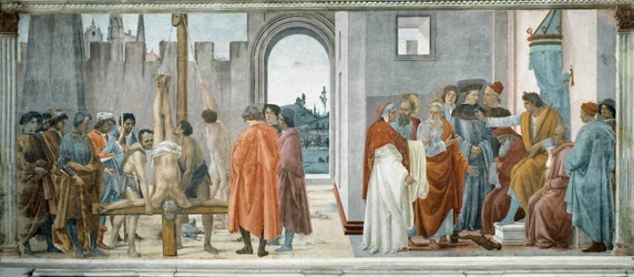 Tvisten mellom trollmannen Simon (trollmannen eller Simon fra Samaria, død 65) (med Nero (37-68) på tronen) og St. Peters korsfestelse (striden med Simon Mago og St. Peters korsfestelse) - Fresco av filippinske Lippi (1457-1504), 232x588 c