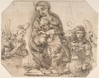 Jomfru og barn deltatt av engler, 145758-1504.