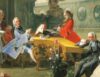Konsert i en hage, ca 1750, av Filippo Falciatore (aktiv 1737-1768), olje på lerret, 75,8 x102 cm. Detalj. Italia