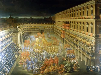 Fest på Palazzo Barberini til ære for Christine de Suede (Christine av Sverige), 28/02/1656 Maleri av Filippo Lauri (1623-1694) og Filippo Gagliardi (død 1659). Roma fra 1600-tallet, Roma-museet
