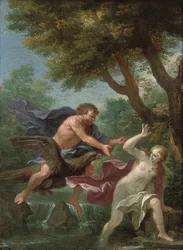 Et skogkledd elvelandskap med Jupiter som jager en elvenymfe