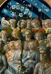 Jomfruens kroning. Detalj av de syngende englene som holder liljeblomster. Figuren nederst til høyre er Johannes Døperen, Firenzes skytshelgen. Maleri (1457-1504)