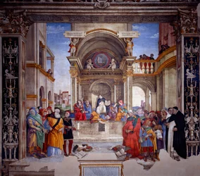 Triumf av Saint Thomas Aquinas på kjettere I bakgrunnen, utsikt over basilikaen Saint John Lateran med ryttermonumentet til Marc Aurele. Thomas Aquinas er omgitt av fire kvinnelige skikkelser som representerer filosofi, astronomi, teologi og